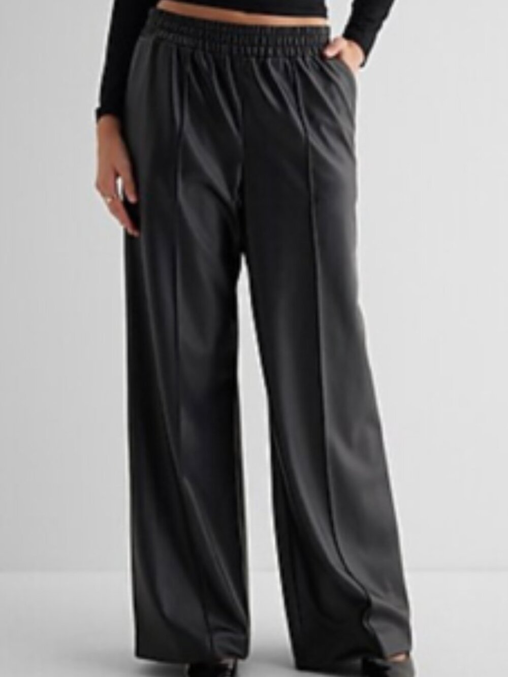 Express Black Front Stitched Seam Faux Lambskin Leather Wide Leg Pant Sz L
